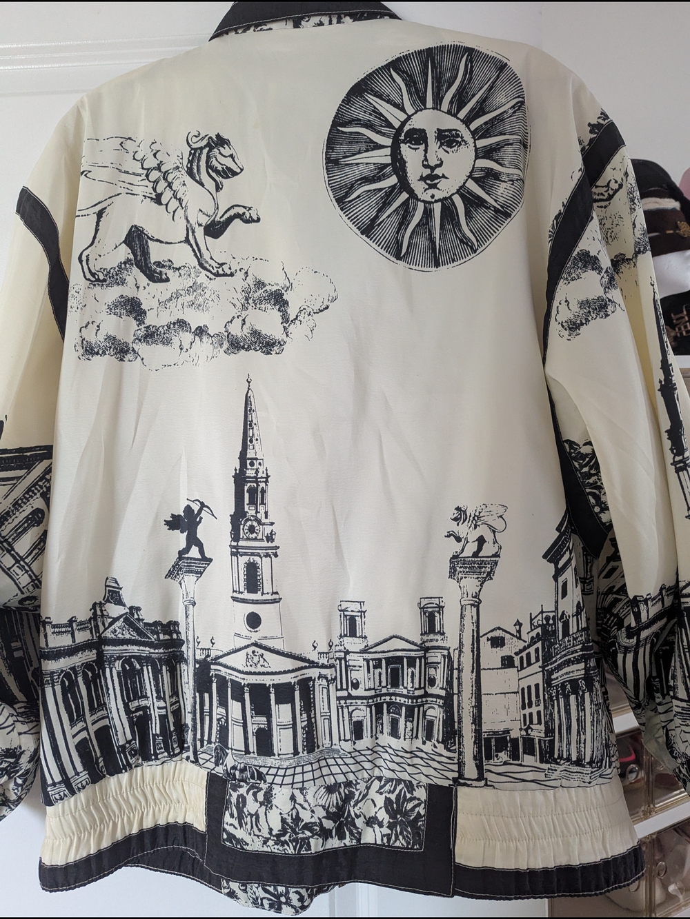 Cream & Black Printed Bomber Jacket - Graphic Cityscape